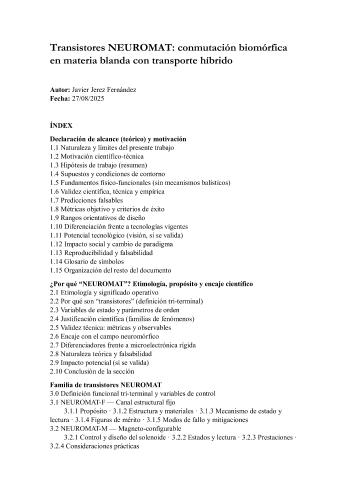 Transistores NEUROMAT conmutación biomórfica en materia blanda con transporte híbrido